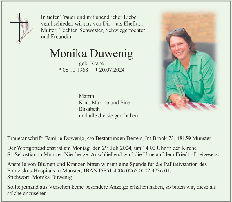  Traueranzeige für Monika Duwenig vom 24.07.2024 aus 