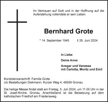 Anzeige von Bernhard Grote 
