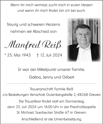 Anzeige von Manfred Reiß 