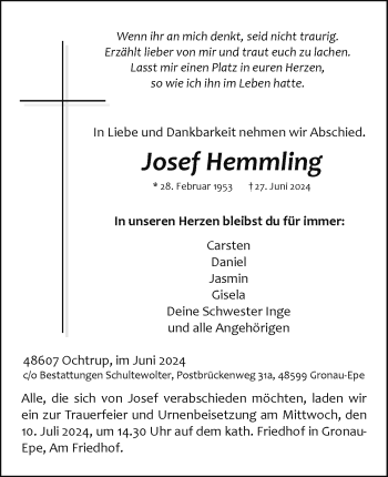 Anzeige von Josef Hemmling 