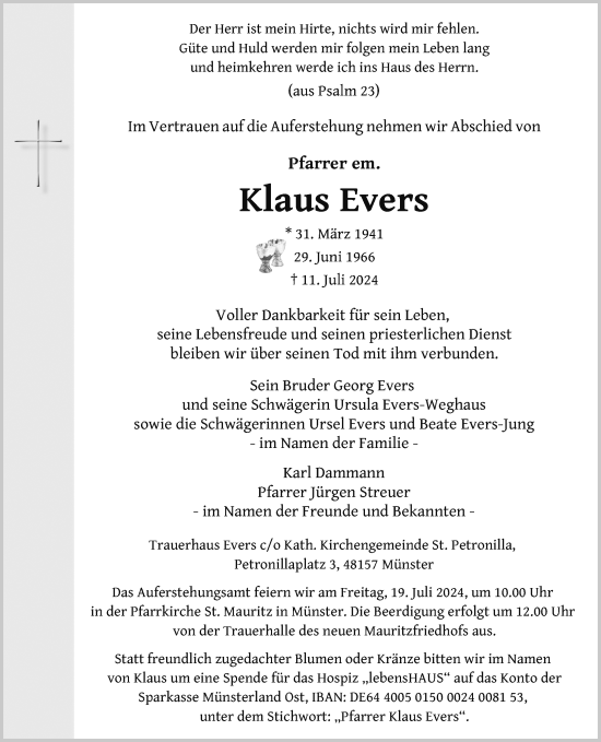 Anzeige von Klaus Evers von Westfälische Nachrichten