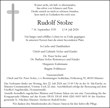 Anzeige von Rudolf Stolze 