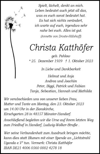 Anzeige von Christa Katthöfer 