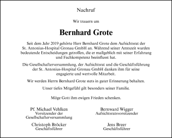 Anzeige von Bernhard Grote 