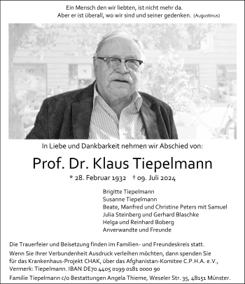 Anzeige von Prof. Dr. Klaus Tiepelmann 