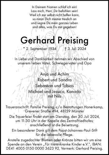 Anzeige von Gerhard Preising 