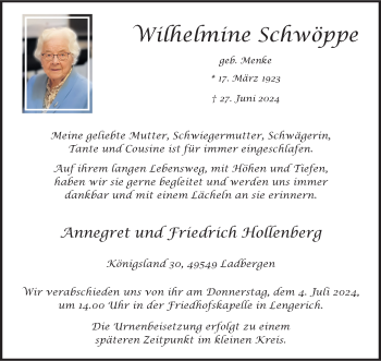 Anzeige von Wilhelmine Schwöppe 