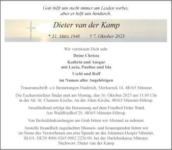 Anzeige von Dieter van der Kamp 