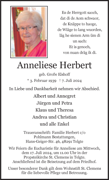 Anzeige von Anneliese Herbert 