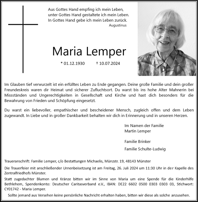  Traueranzeige für Maria Lemper vom 20.07.2024 aus 