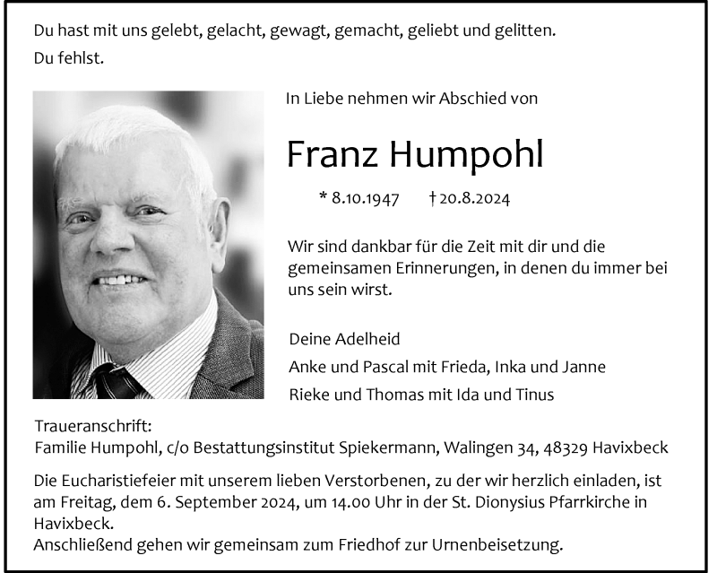  Traueranzeige für Franz Humpohl vom 24.08.2024 aus 