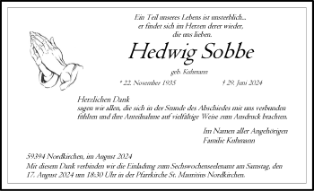 Anzeige von Hedwig Sobbe 