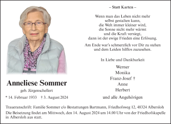 Anzeige von Anneliese Sommer 