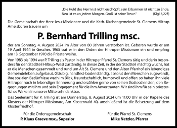 Anzeige von P. Bernhard Trilling msc. 