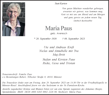 Anzeige von Maria Paus 