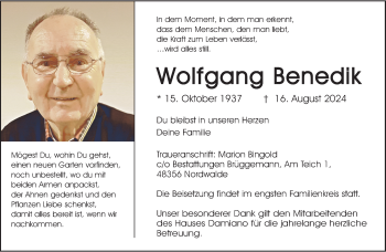 Anzeige von Wolfgang Benedik 