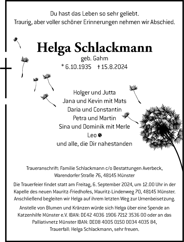  Traueranzeige für Helga Schlackmann vom 31.08.2024 aus 