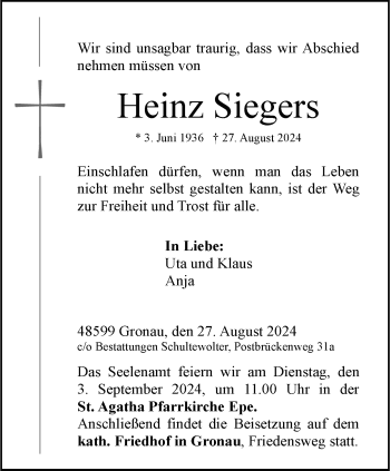 Anzeige von Heinz Siegers 