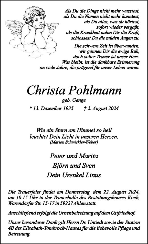  Traueranzeige für Christa Pohlmann vom 10.08.2024 aus 