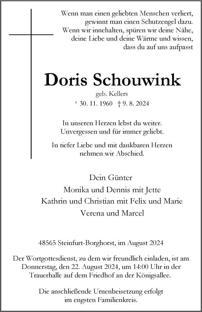  Traueranzeige für Doris Schouwink vom 17.08.2024 aus 