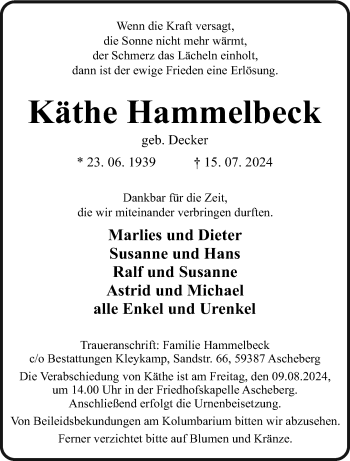 Anzeige von Käthe Hammelbeck 