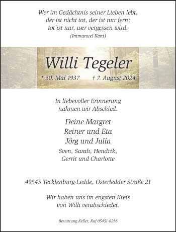 Anzeige von Willi Tegeler 