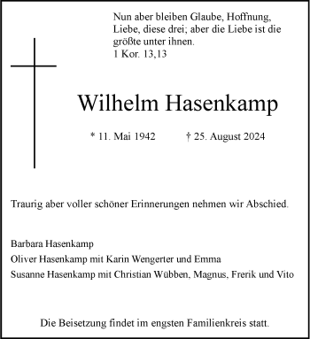 Anzeige von Wilhelm Hasenkamp 