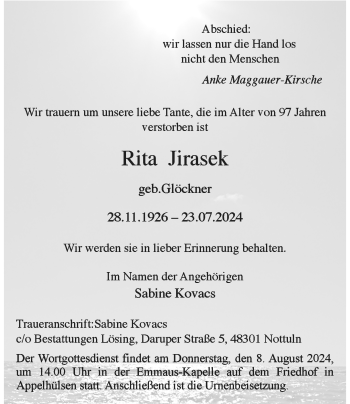 Anzeige von Rita Jirasek 