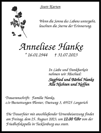 Anzeige von Anneliese Hanke 