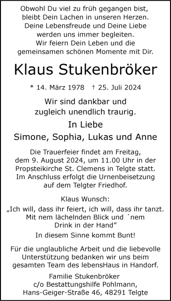 Anzeige von Klaus Stukenbröker 