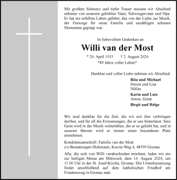 Anzeige von Willi van der Most 