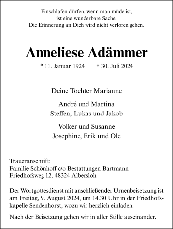 Anzeige von Anneliese Adämmer 