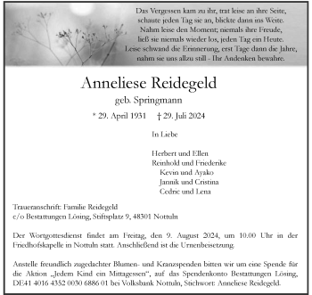 Anzeige von Anneliese Reidegeld 