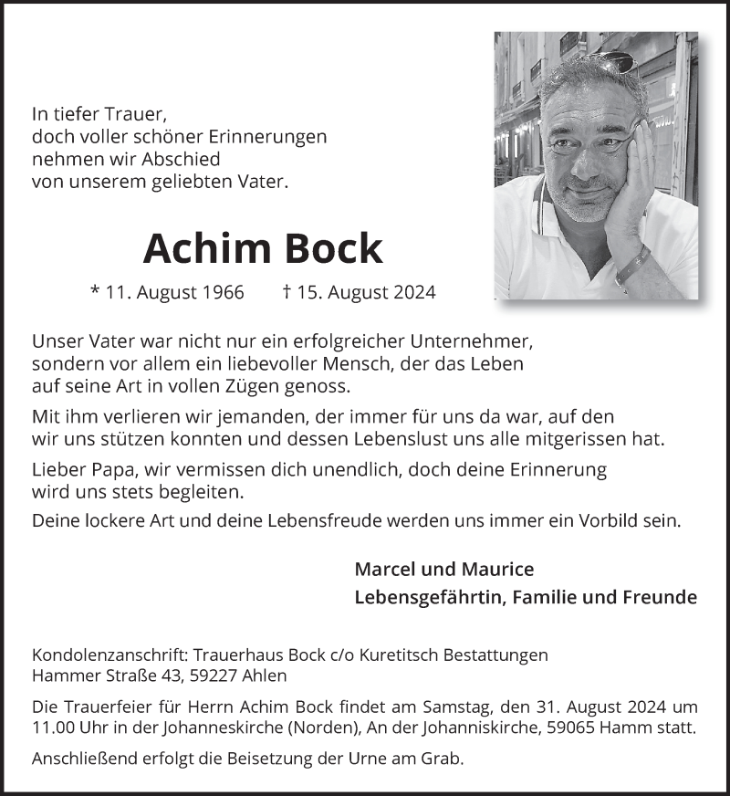  Traueranzeige für Achim Bock vom 24.08.2024 aus 