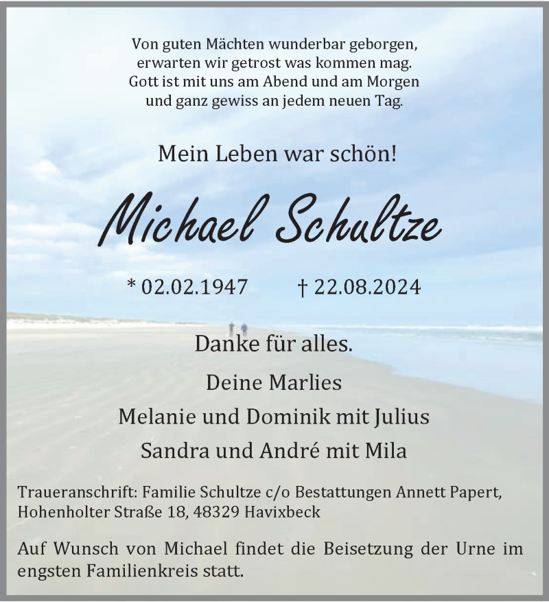  Traueranzeige für Michael Schultze vom 31.08.2024 aus 