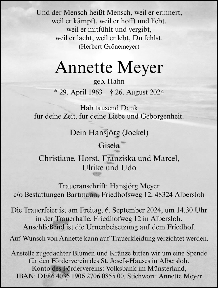  Traueranzeige für Annette Meyer vom 31.08.2024 aus 