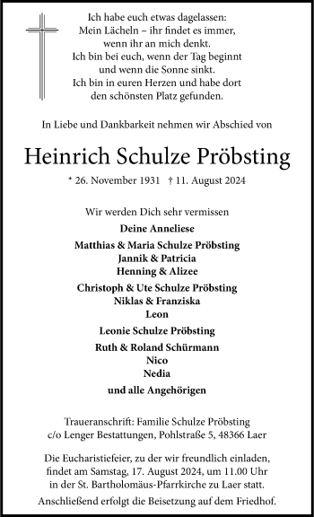 Anzeige von Heinrich Schulze Pröbsting 