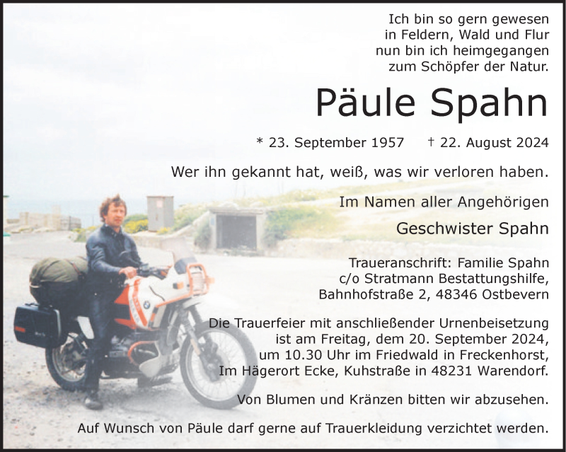  Traueranzeige für Päule Spahn vom 31.08.2024 aus 