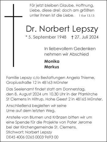 Anzeige von Dr. Norbert Lepszy 