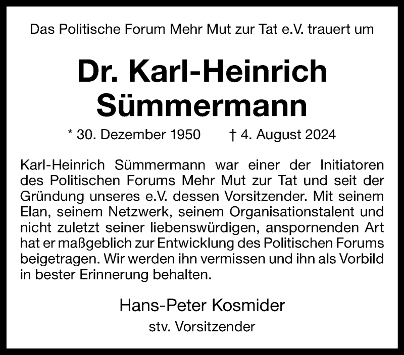  Traueranzeige für Dr. Karl-Heinrich Sümmermann vom 08.08.2024 aus 