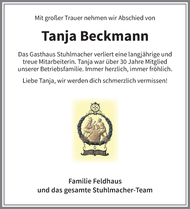  Traueranzeige für Tanja Beckmann vom 24.08.2024 aus 