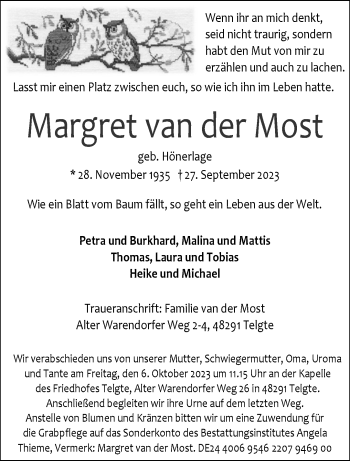 Anzeige von Margret van der Most 