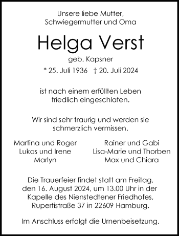 Anzeige von Helga Verst 