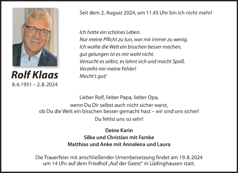  Traueranzeige für Rolf Klaas vom 08.08.2024 aus 