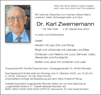 Anzeige von Dr. Karl Zwernemann 