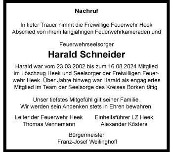 Anzeige von Harald Schneider 