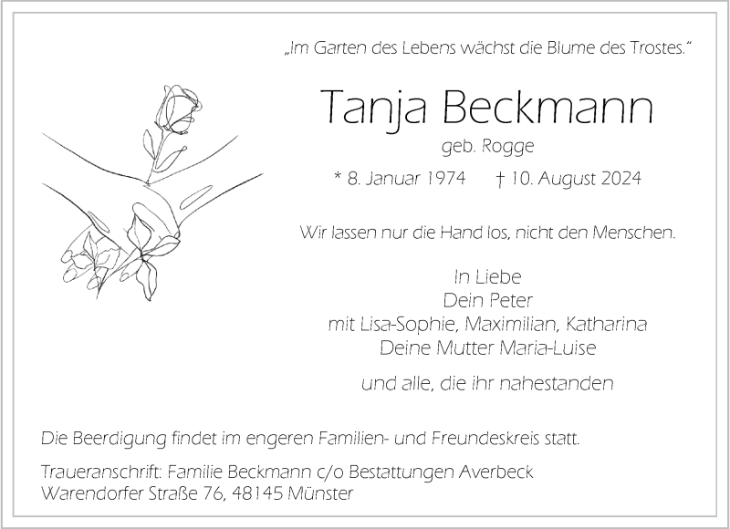  Traueranzeige für Tanja Beckmann vom 24.08.2024 aus 