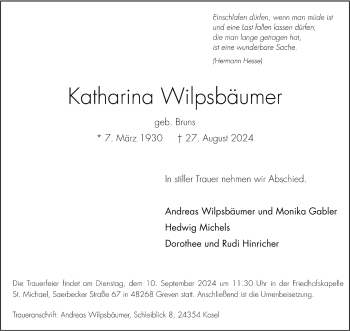 Anzeige von Katharina Wilpsbäumer 