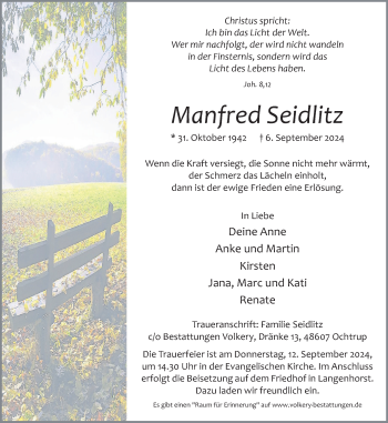 Anzeige von Manfred Seidlitz 