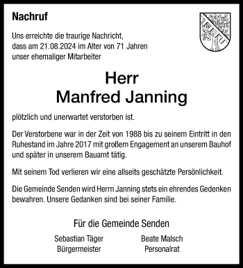 Anzeige von Manfred Janning 